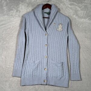 Lauren Ralph Lauren Sweater Womens Medium Blue Wool Rabbit Hair Cardigan Crest